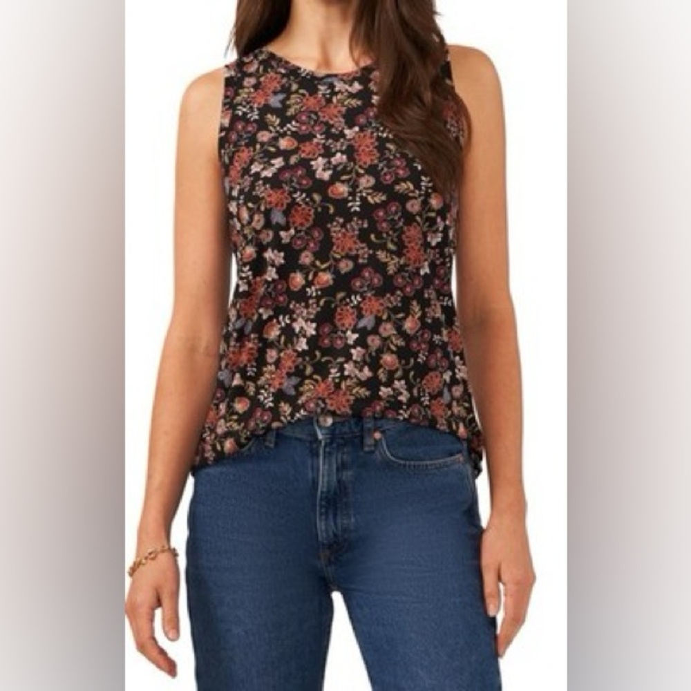 Vince Camuto Floral-Print Keyhole Sleeveless Top Rich Black size XXS NWT